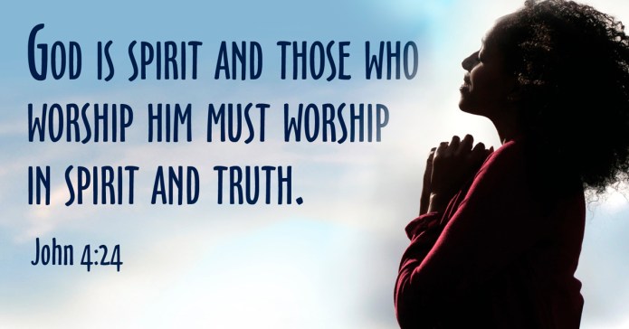 Beautiful in quiet reflection in the background, words of John 4:24 written across.