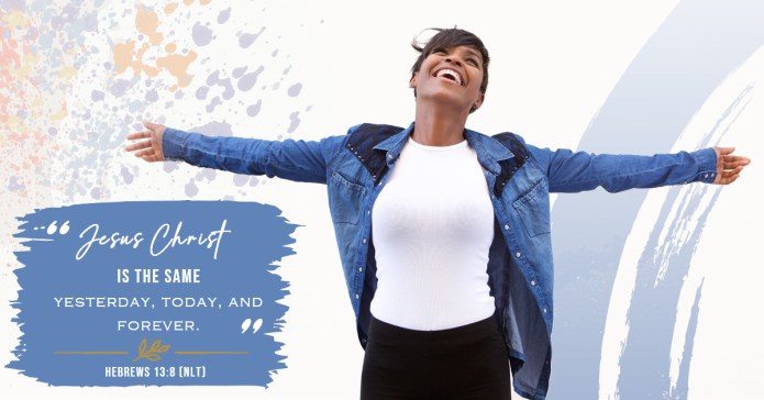 Joyful young woman celebrating life, Hebrews 13:8 NLT